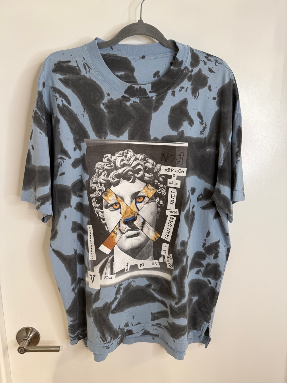 Versace Light Blue & Black Graphic Tie-Dye Short Sleeve Tee
